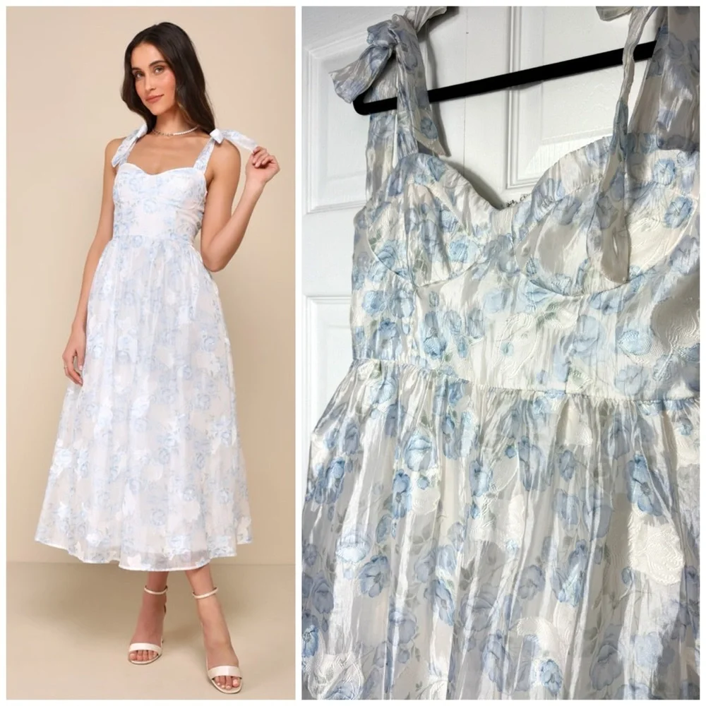Lulus White Baby Blue Floral Burnout Tie-Strap Sweetheart Midi Dress Size M - Picture 1 of 7